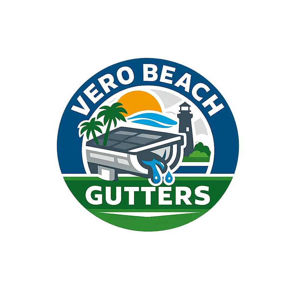 Vero Beach Gutters logo featuring a gutter, lighthouse, palm trees, and coastal landscape